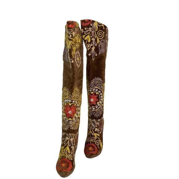 Turkish Soul Vintage Womens Boots Size 37 Brown Over The Knee Embroidered - Picture 2 of 16